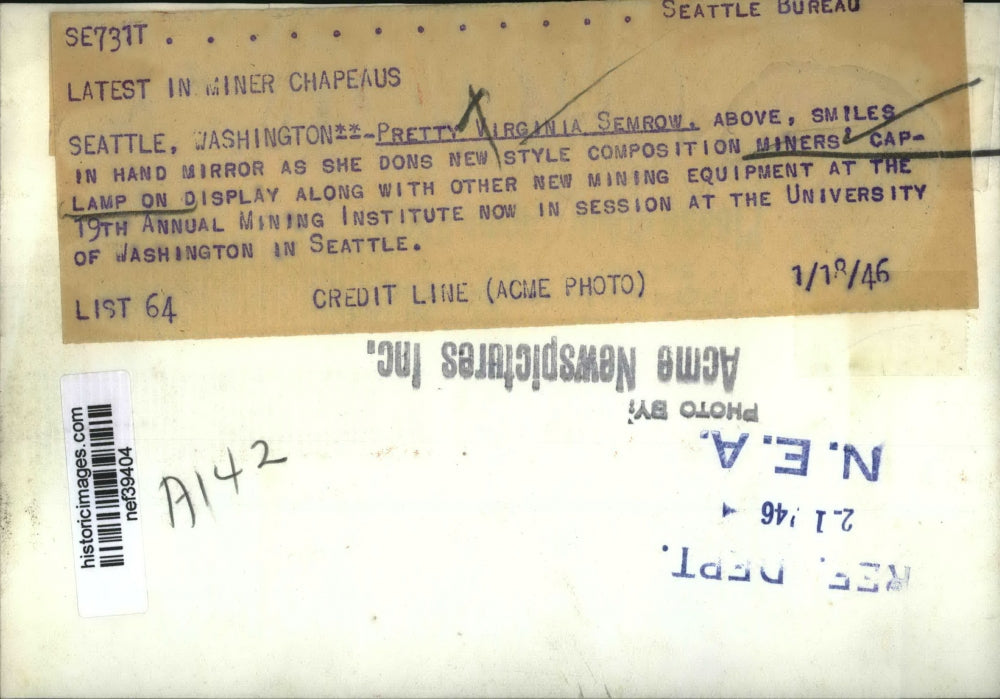 1946 Press Photo Virginia Semrow Dons Mining Cap at 19th Annual Mining Institute