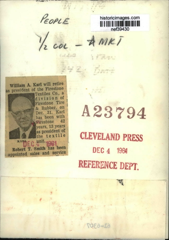 Load image into Gallery viewer, 1961 Press Photo William A.Karl Retired as Pres. of Firestone Textiles Co.
