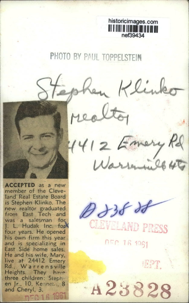 1961 Press Photo Stephen Klinko, New Cleveland Real Estate Board Member