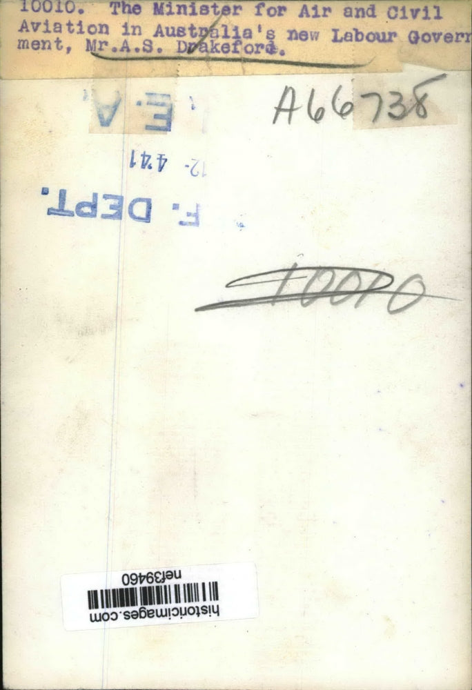 1941 Press Photo A.S Drakeford Minister for Air and Civil Aviation in Australia