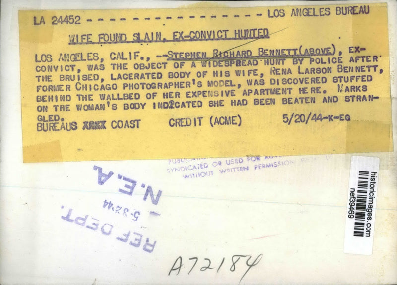 Load image into Gallery viewer, 1944 Press Photo Stephen Richard Bennett Sought by Police Following WIfe's Death
