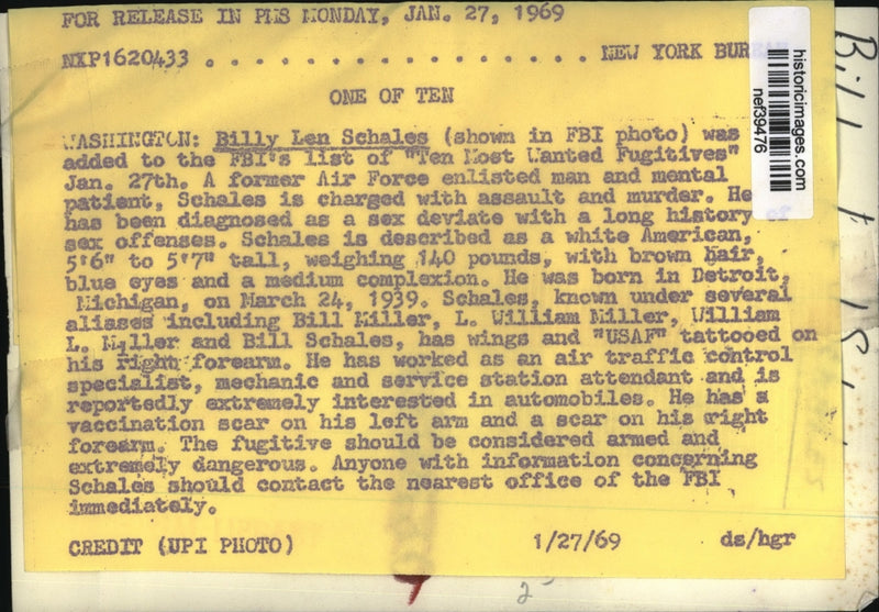 Load image into Gallery viewer, 1969 Press Photo Billy Len Schales Makes FBI's Top 10 Most Wanted List
