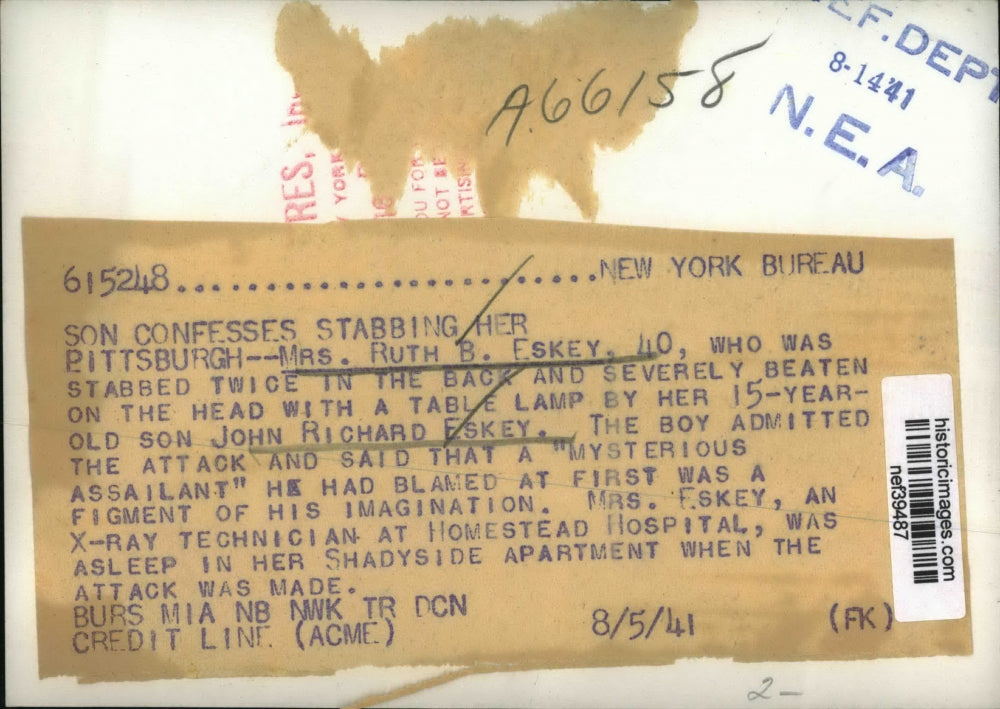 1941 Press Photo Mrs.Ruth B.Eskey stabbed and beaten by her son John Eskey