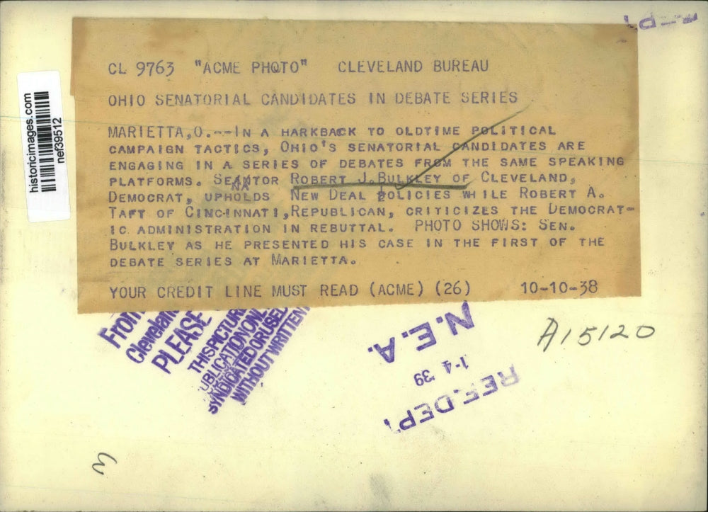 1938 Press Photo Sen.Robert J. Bulkley of Cleveland in debate series