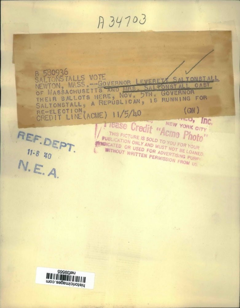 1940 Press Photo Gov Leverett Saltonstall & Mrs Saltonstall Cast Their Ballots