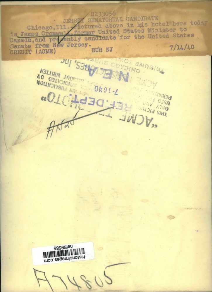 1940 Press Photo James Cromwell Present Candidate for U.S. Senate From N.J.