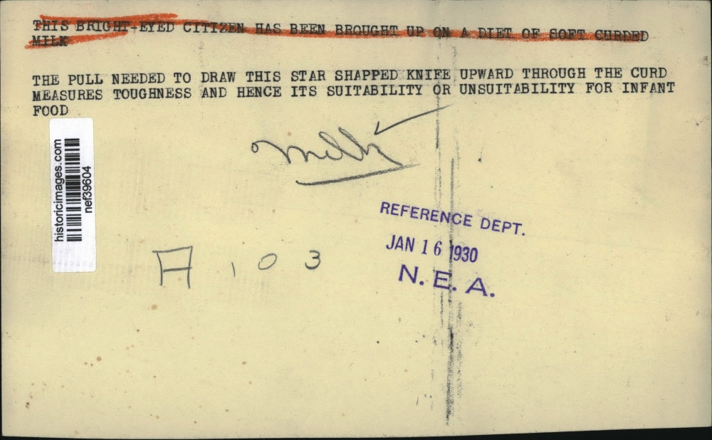 1930 Press Photo Measures toughness and its hence suitability for Infant Food