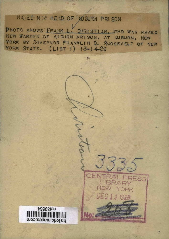 1929 Press Photo Frank L. Christian, Auburn Prison Warden - nef39664