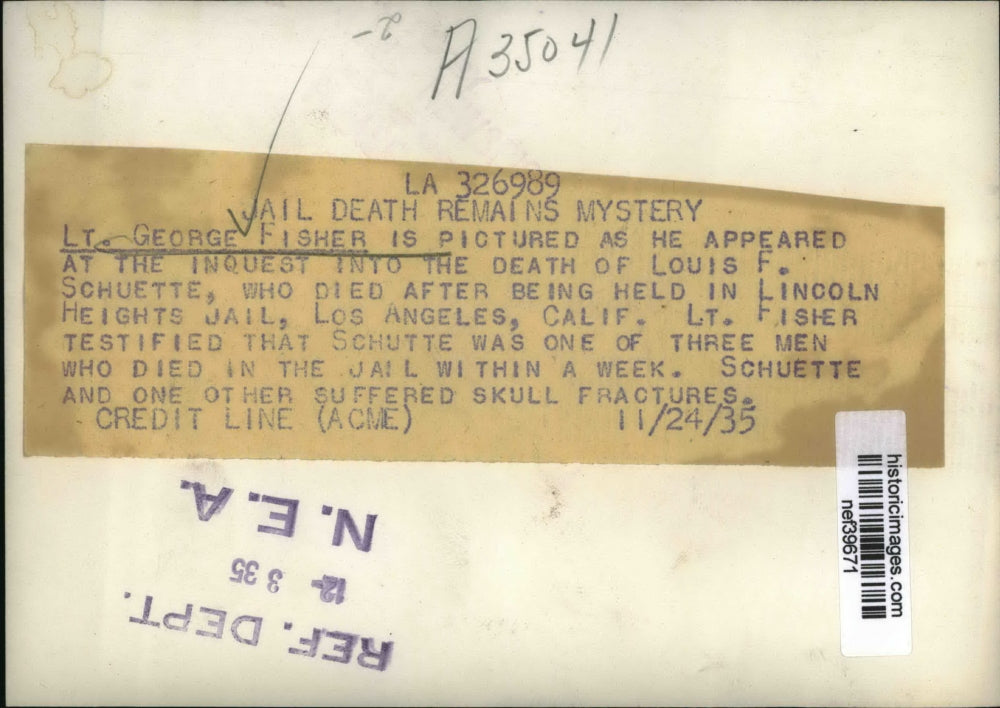 1935 Press Photo Lieutenant George Fisher at Louis F. Schuette Death Inquest