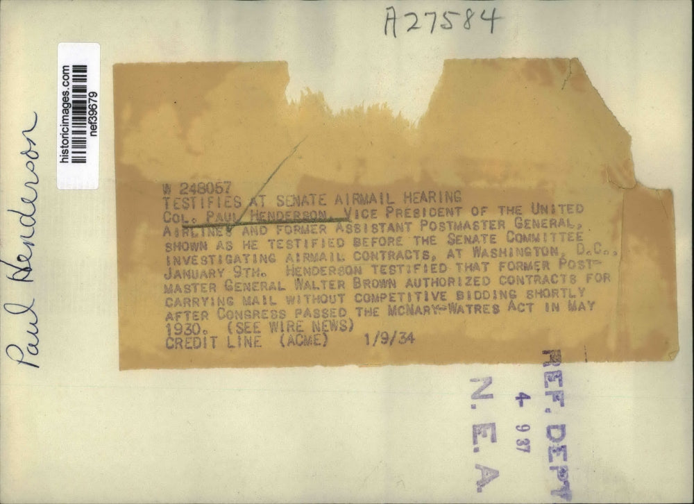 1934 Press Photo Colonel Paul Henderson at Senate Airmail Investigation