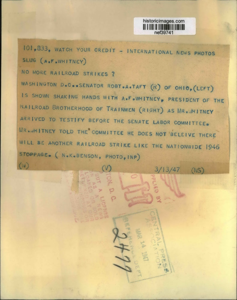 1947 Press Photo Robert A. Taft, Alexander F. Whitney at Senate Labor Hearing