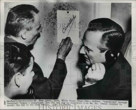 1950 Press Photo Eben Eyers Cancelling President Truman's Daily Agenda