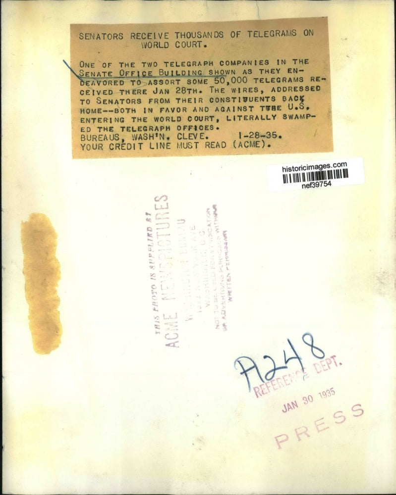 1935 Press Photo Senate Office Building As They Sort 50,000 Telegrams Received