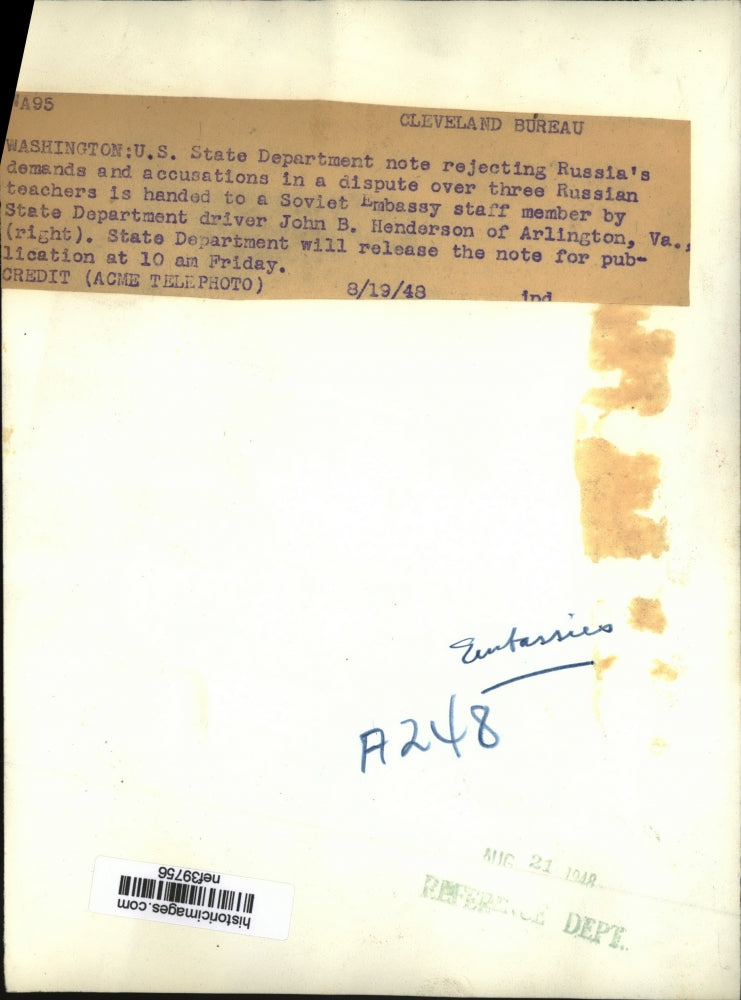 1948 Press Photo U.S. State Dept Note Rejecting Russia's Demands & Accusations