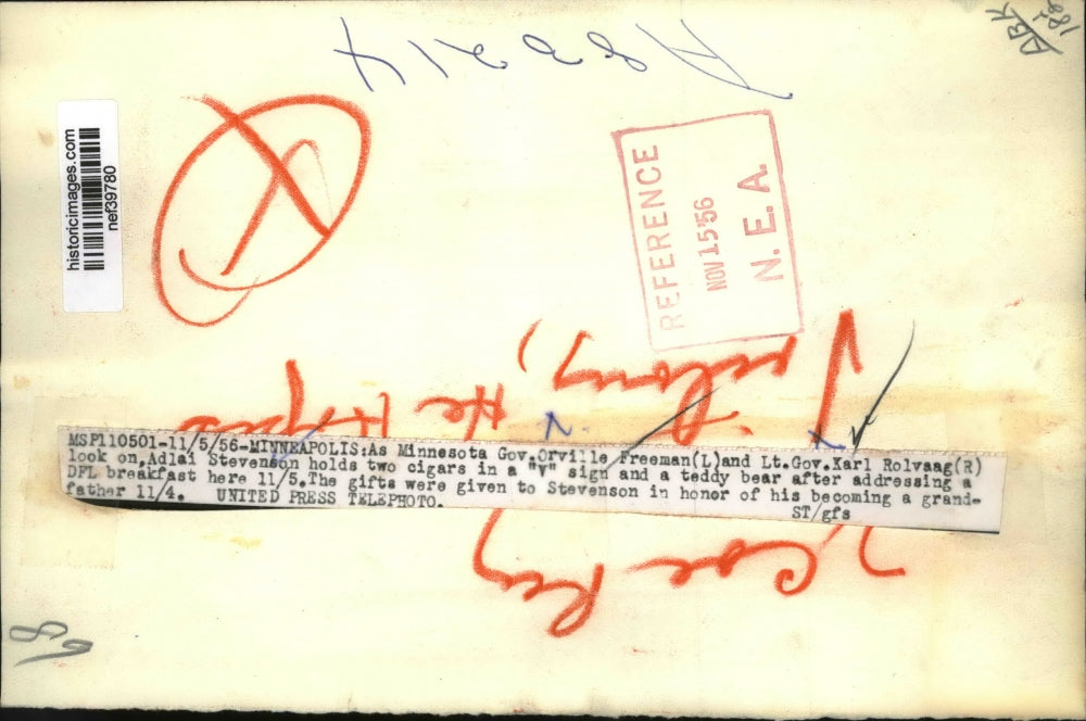 1956 Press Photo Orville Freeman, Karl Rolvaag, Adlai Stevenson at DFL Breakfast