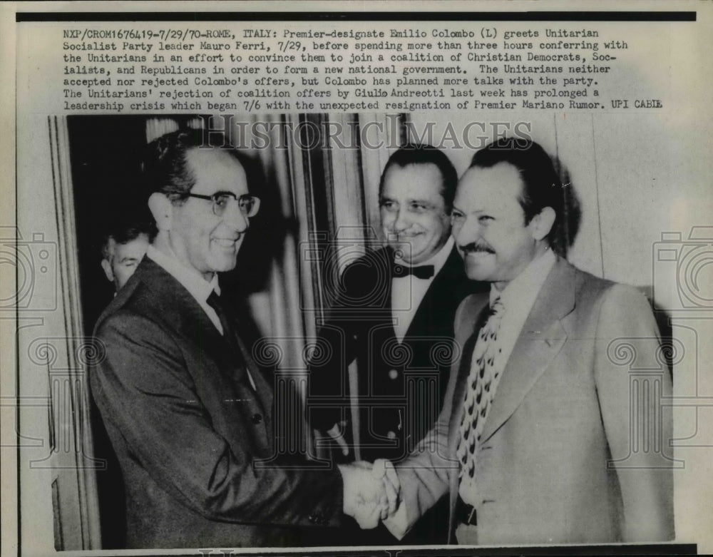 1970 Press Photo Emilio Colombo, Mauro Ferri at Unitarian Meeting, Rome, Italy