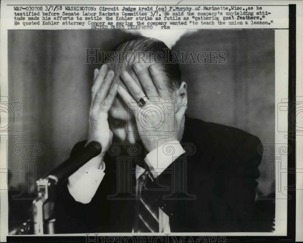 1958 Press Photo Judge Murphy testifies before Senate Labor Rackets Committee