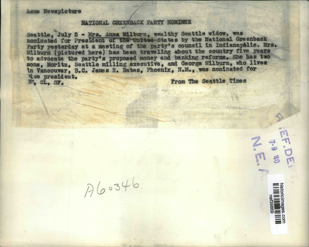 1940 Press Photo Mrs. Anna Milburn Nominated for US President by Greenback Party