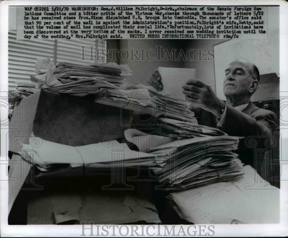 1970 Press Photo Senator William Fulbright Checks Letters on Troops in Cambodia