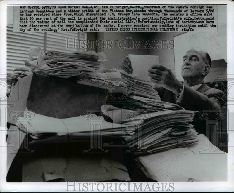 Load image into Gallery viewer, 1970 Press Photo Senator William Fulbright Checks Letters on Troops in Cambodia
