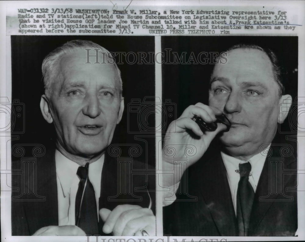 1958 Press Photo Frank Miller, A. Frank Katzentine Testify in House Subcommittee