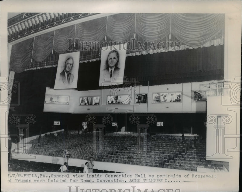 Load image into Gallery viewer, 1948 Press Photo Roosevelt &amp; Truman Banners at Democratic National Convention
