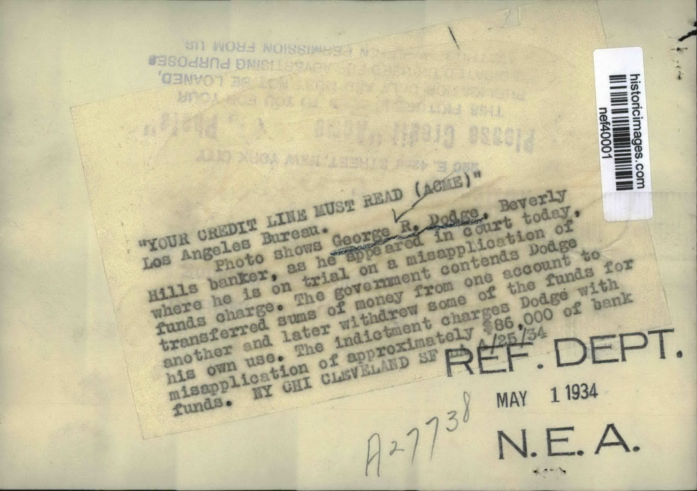 1934 Press Photo George Dodge in Los Angeles Court for Misapplication of Funds