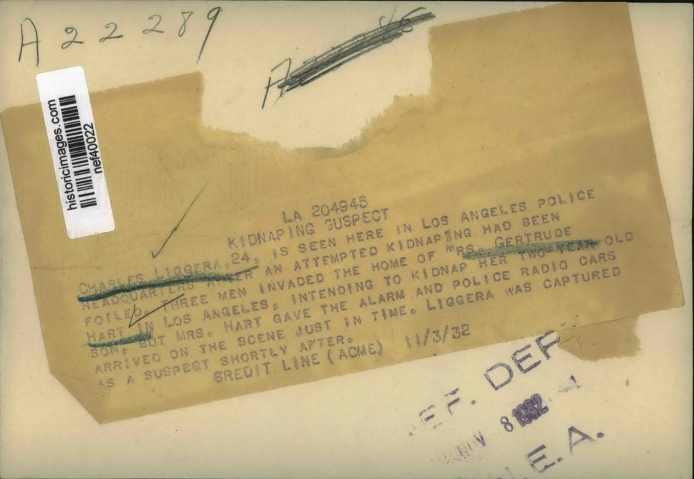 1932 Press Photo Charles Liogera Arrested for Gertrude Hart Attempted Kidnapping