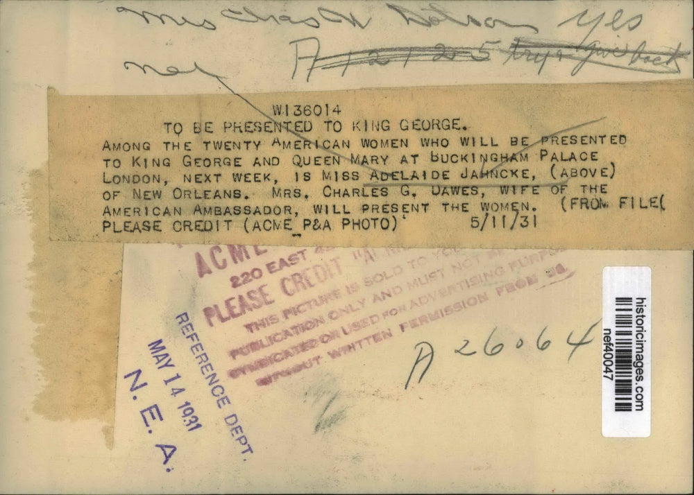 1931 Press Photo Miss Adelaide Jahncke to be Presented to King George