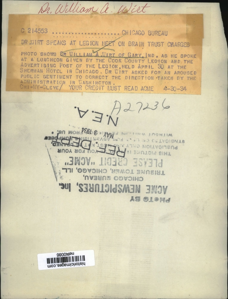 1934 Press Photo Dr William A Wirt Speaks at Legion Meet on Brain Trust Charges