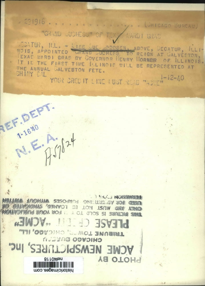 1940 Press Photo Sue Podsen Appointed Grand Duchess to Reign at Galveston Texas