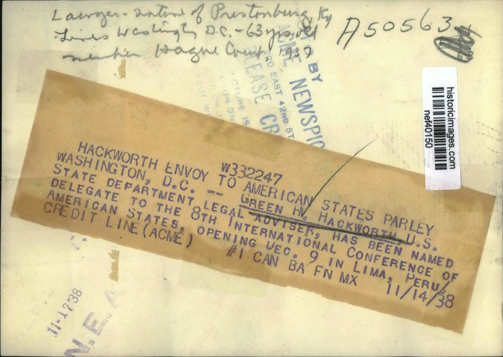 1938 Press Photo Green H. Hackworth Named Delegate to 8th International Conf