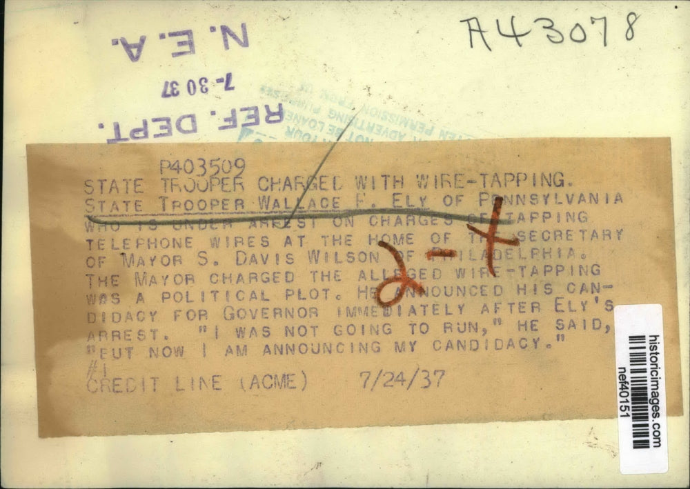 1937 Press Photo Wallce E Ely Under Arrest on Charges of Tapping Phone Wires