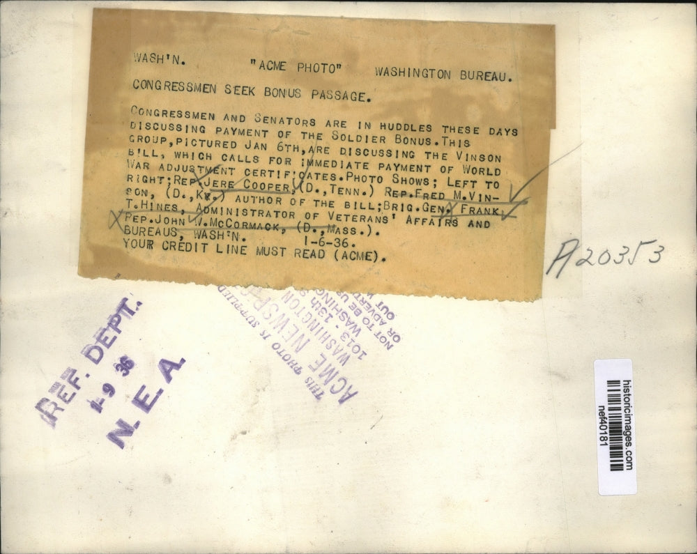 1936 Press Photo Congressman & Senators Discuss Payment of Soldier Bonus