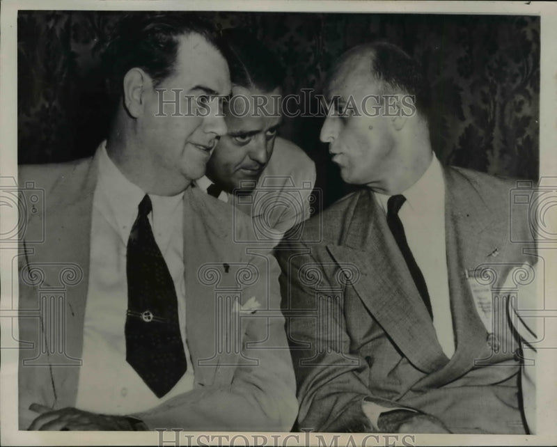 Load image into Gallery viewer, 1948 Press Photo Olin Johnston &amp; James Roosevelt Confer with Unidentified Report
