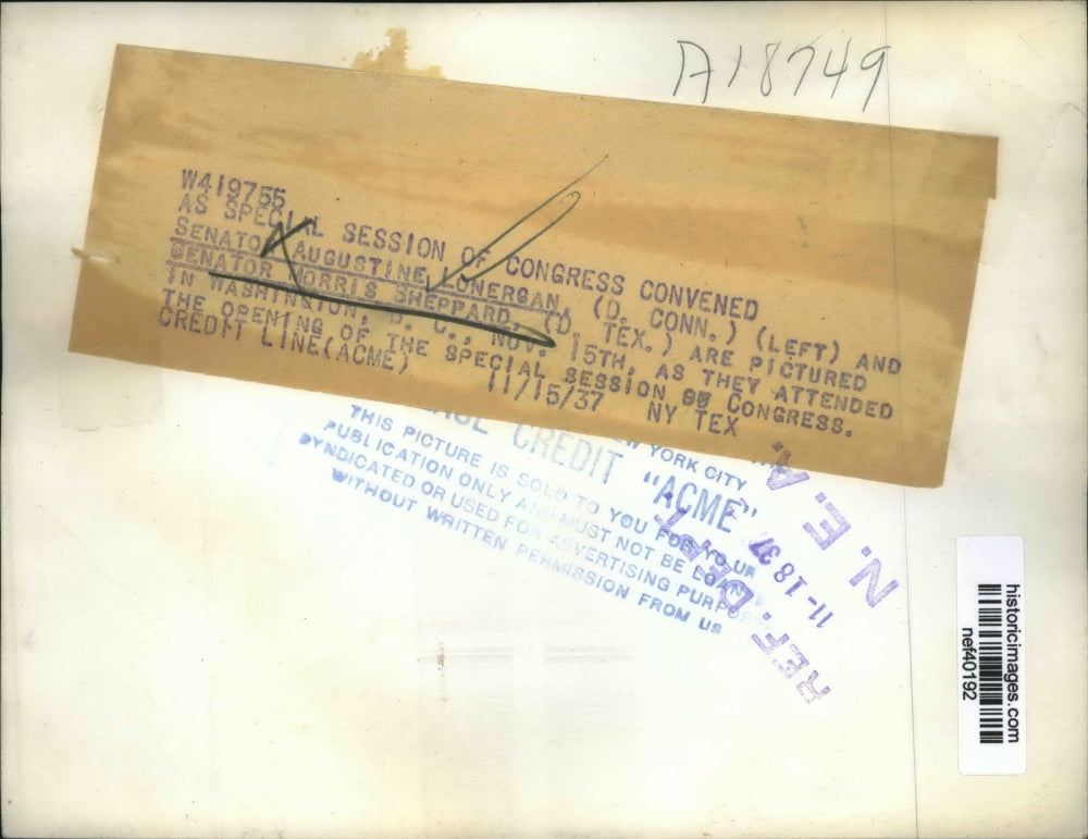 1937 Press Photo Sen.Augustine Lonergan of Conn. and Sen. Morris Sheppard of Tex