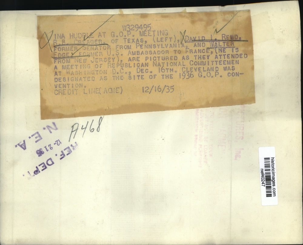 1935 Press Photo R.R. Creager wih Davis I.Reud and Walter Edge at GOP Meeting