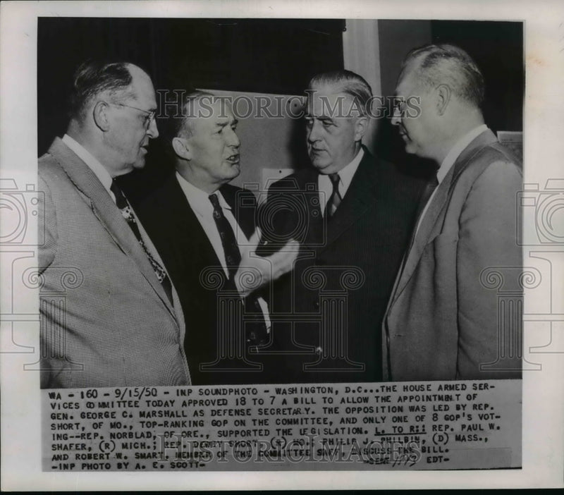 Load image into Gallery viewer, 1950 Press Photo House Armed Services Committee Rep's Shafer, Short, Philbin
