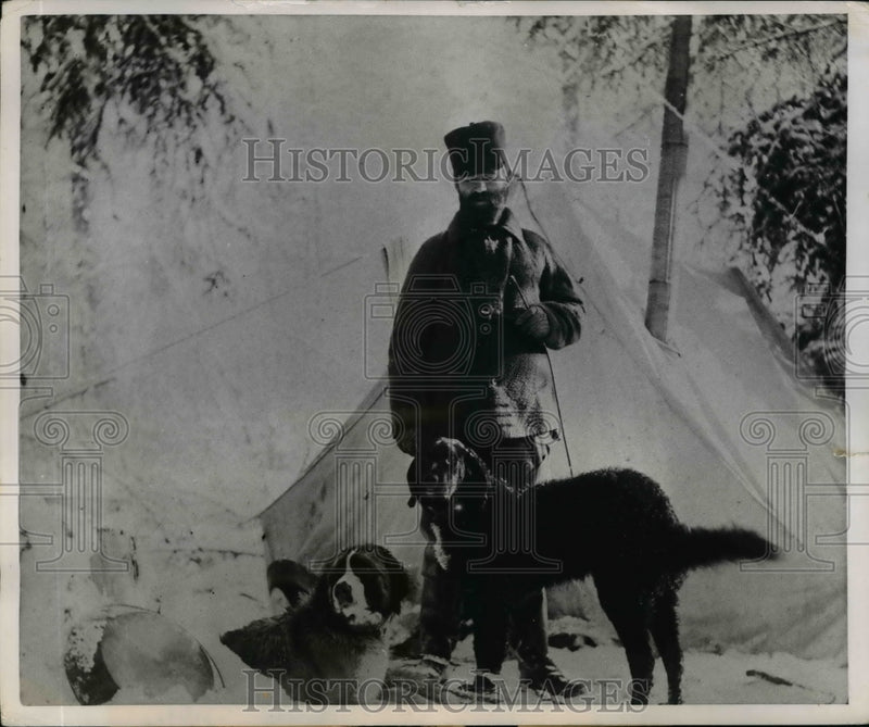 Load image into Gallery viewer, 1952 Press Photo Bearded Prospector with His Two Dogs Outside Tent He Lived In
