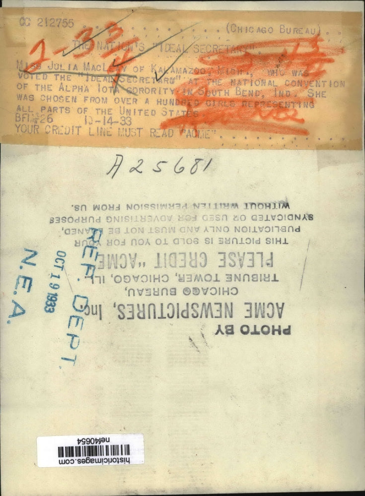 1933 Press Photo Julia MacLeay, Alpha Iota National Ideal Secretary - nef40654