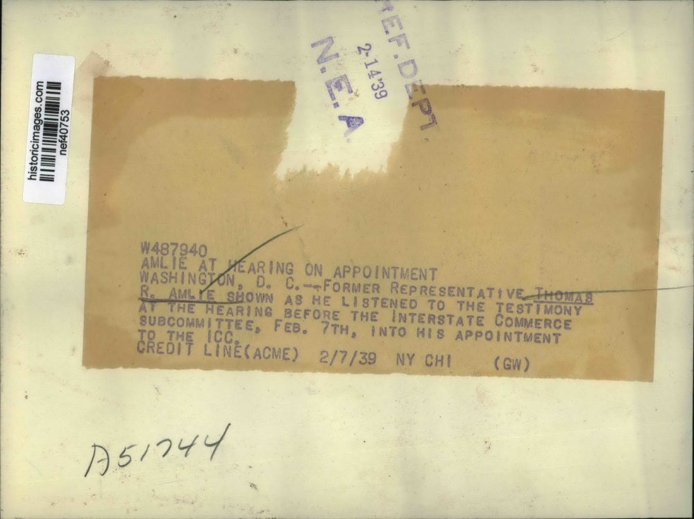 1939 Press Photo Thomas R. Amlie at Interstate Commerce Hearing, Washington D.C.