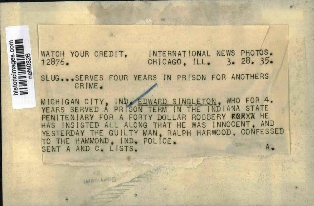 1935 Press Photo Edward Singleton Serves Prison Term for Ralph Harwood's Robbery