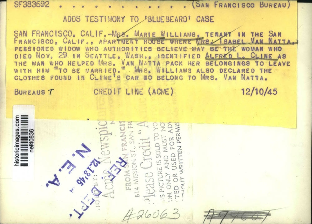 1945 Press Photo Mrs. Marie Williams adds testimony to "Bluebeard" case