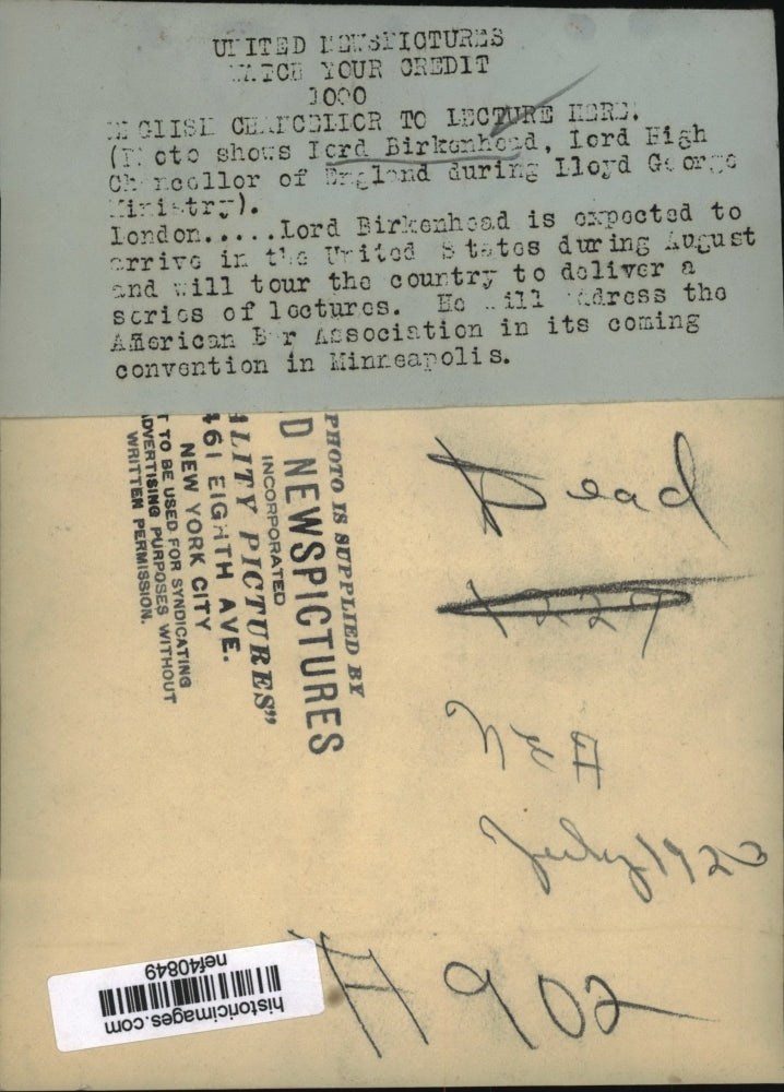 Load image into Gallery viewer, Press Photo Lord Birkenhead, Lord High Chancellor of England - nef40849
