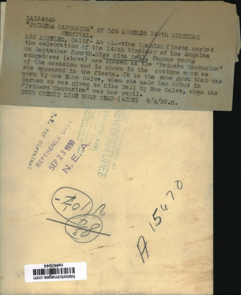 1930 Press Photo Rita Bell, Primera Cantarina of Los Angeles 149th Birthday Fest