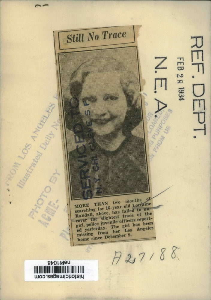 1934 Press Photo Lorraine Randall missing from Los Angeles Home - nef41048