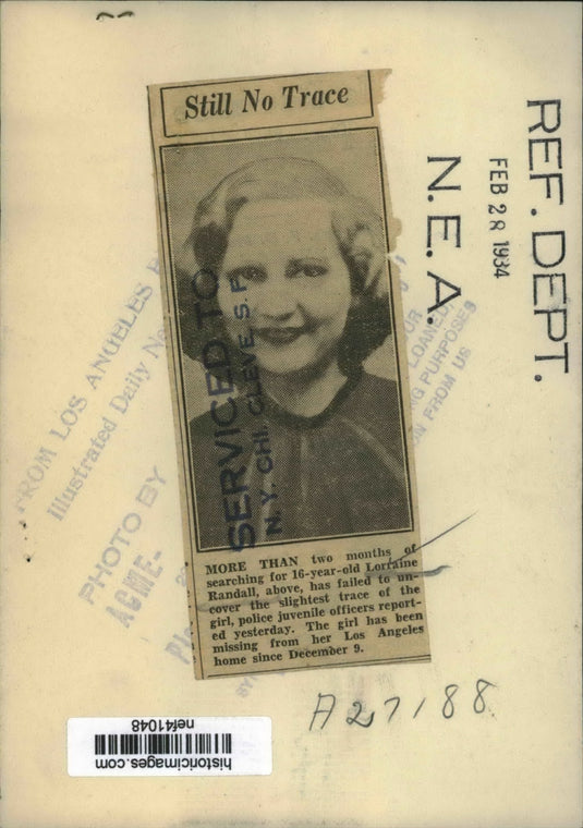 1934 Press Photo Lorraine Randall missing from Los Angeles Home - nef41048