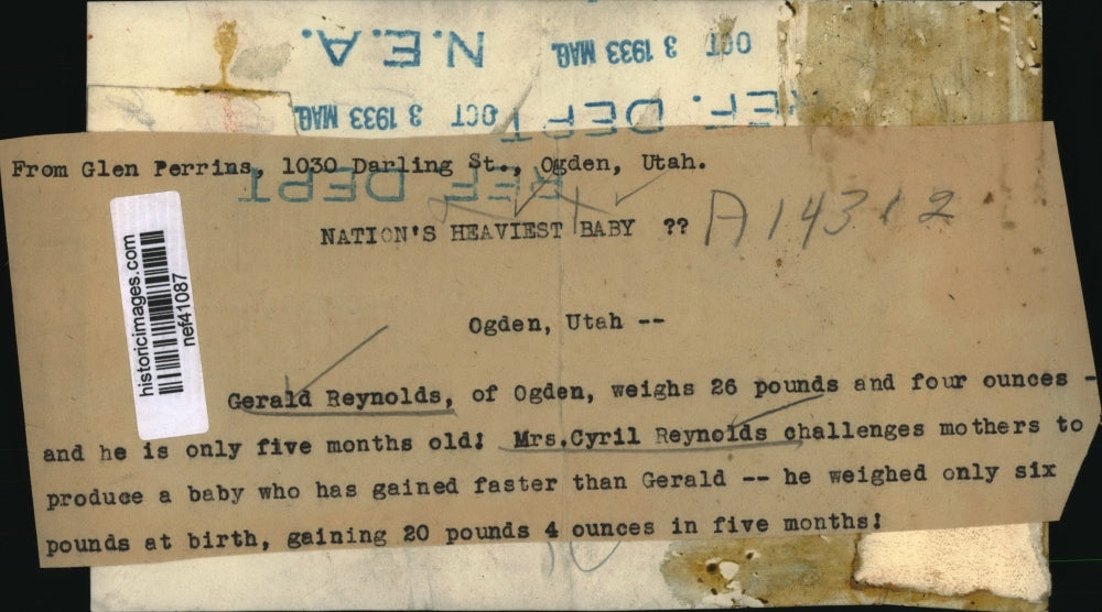 1933 Press Photo Five Month Old Gerald Reynolds Weighs 26 Pounds 4 Ounces