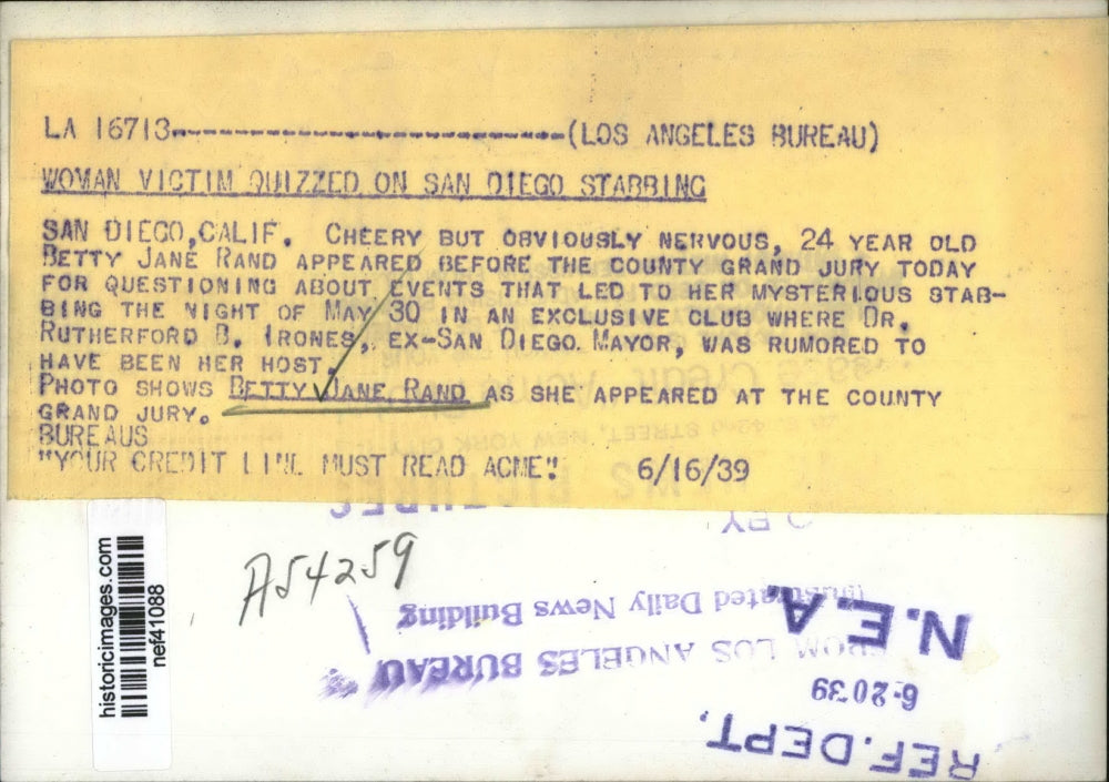 1939 Press Photo Betty Jane Rand Quizzed by Grand Jury on San Diego Stabbing