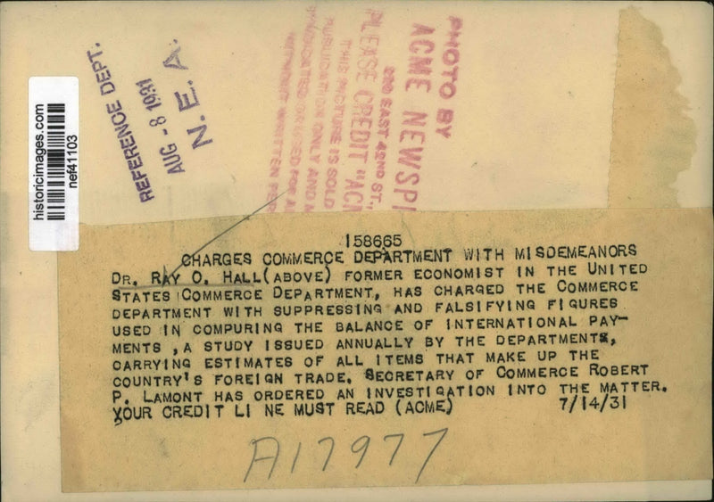 Load image into Gallery viewer, 1931 Press Photo Ray O Hall Charged Commerce Dept of Falsifying Payment Figures
